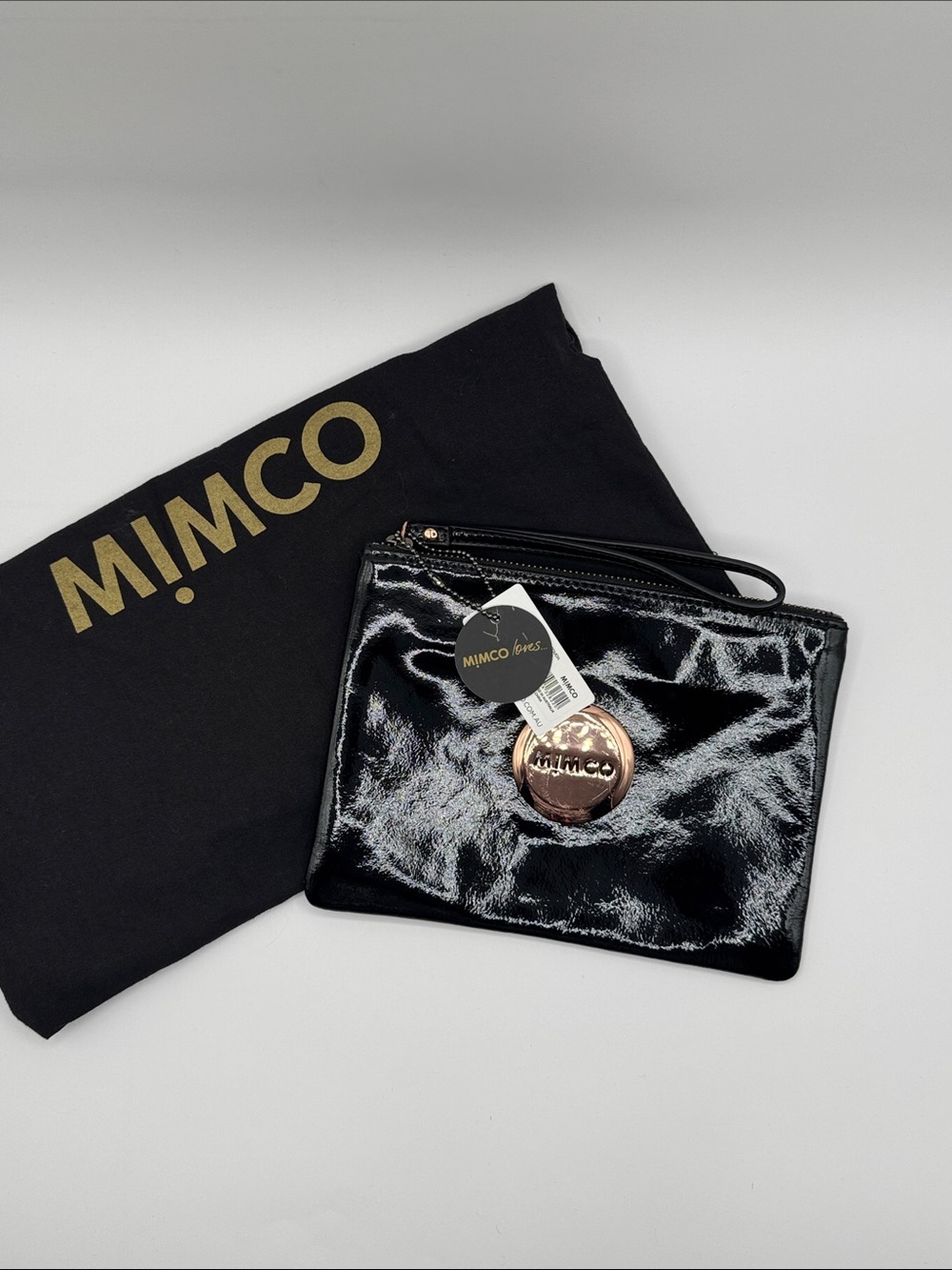 Mimco Black Patent Leather Clutch with Rose Gold Hardware